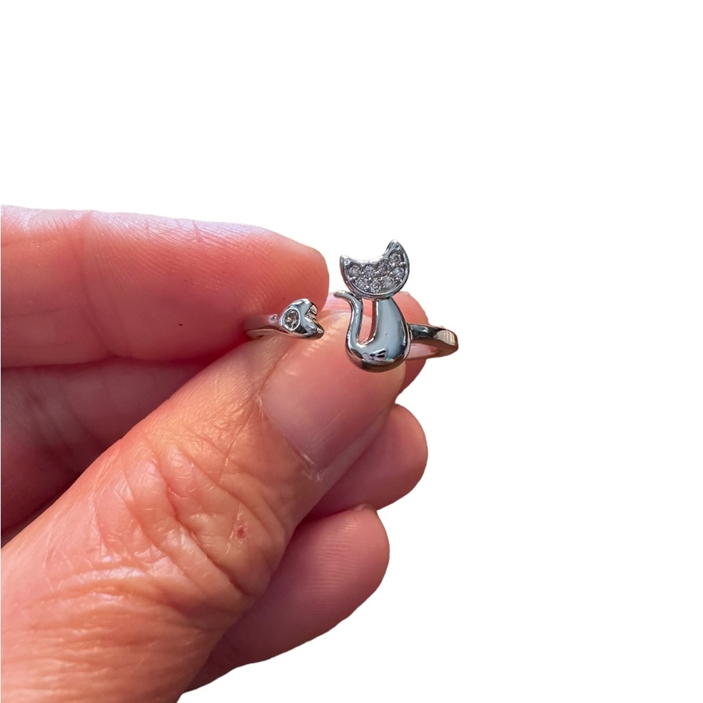 Silver Cat Open Cuff Ring With Rhinestone Accents - image 4